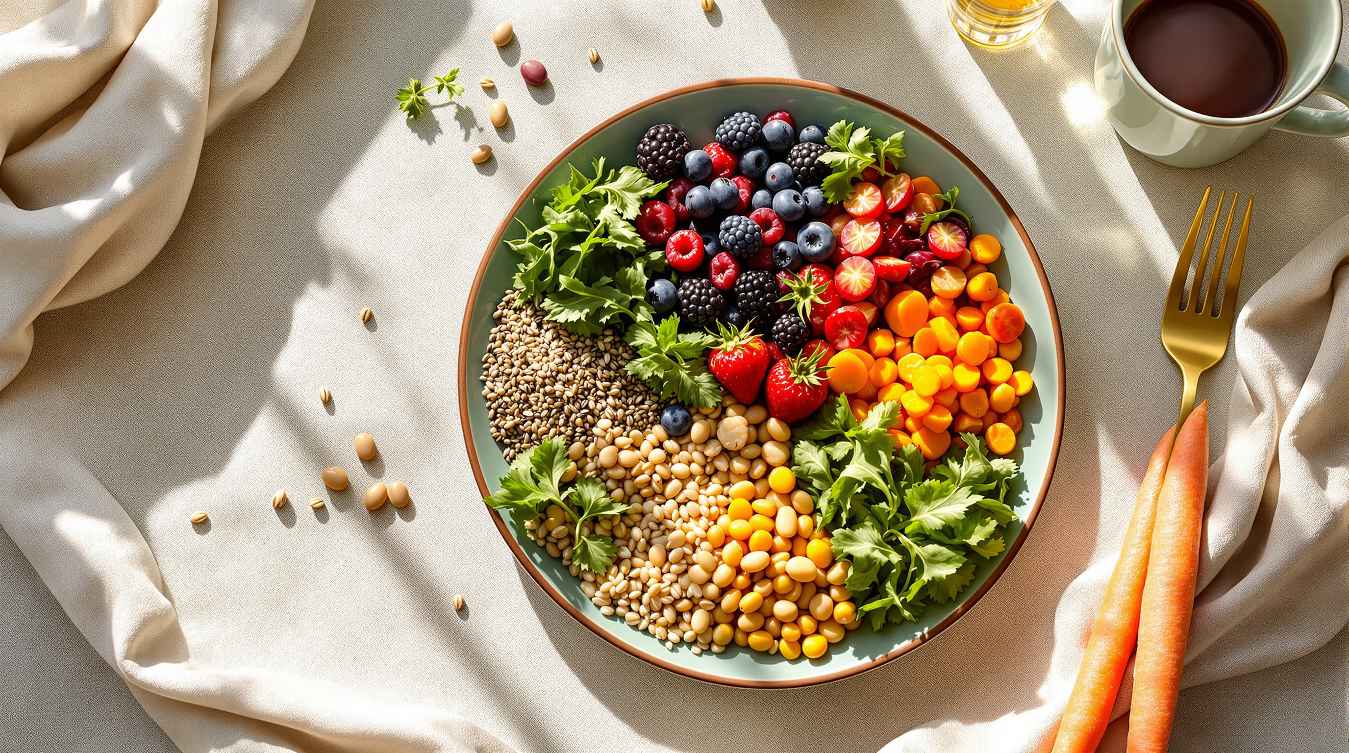 Fargerik tallerken med fiberrike matvarer arrangert på en appetittvekkende måte