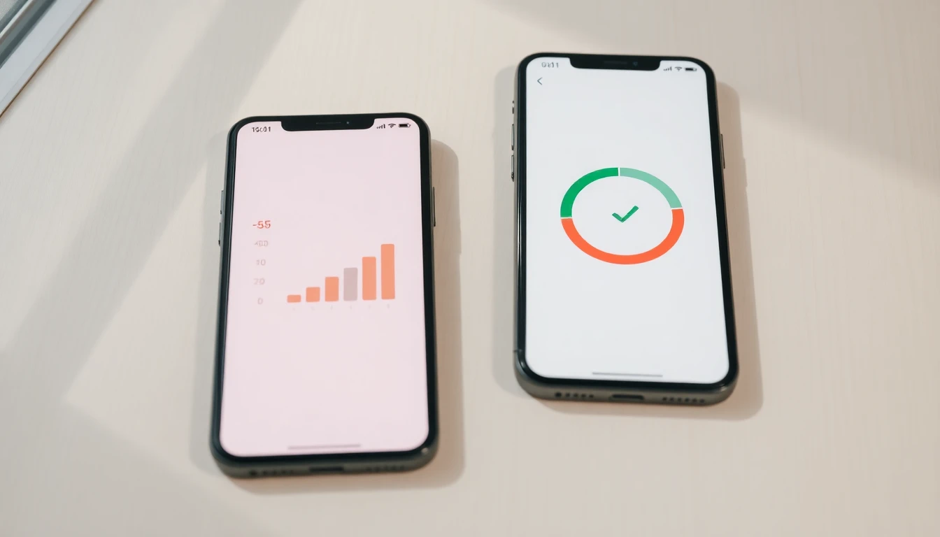 Two smartphone screens side by side on a light wooden surface, left phone displaying harsh red warning indicators and strict numbers, right phone showing calm green circular progress indicators and warm glowing charts, soft window light from the left, sage green and warm cream palette, clean Scandinavian minimal composition, magazine quality, no text overlay, no faces, no watermarks