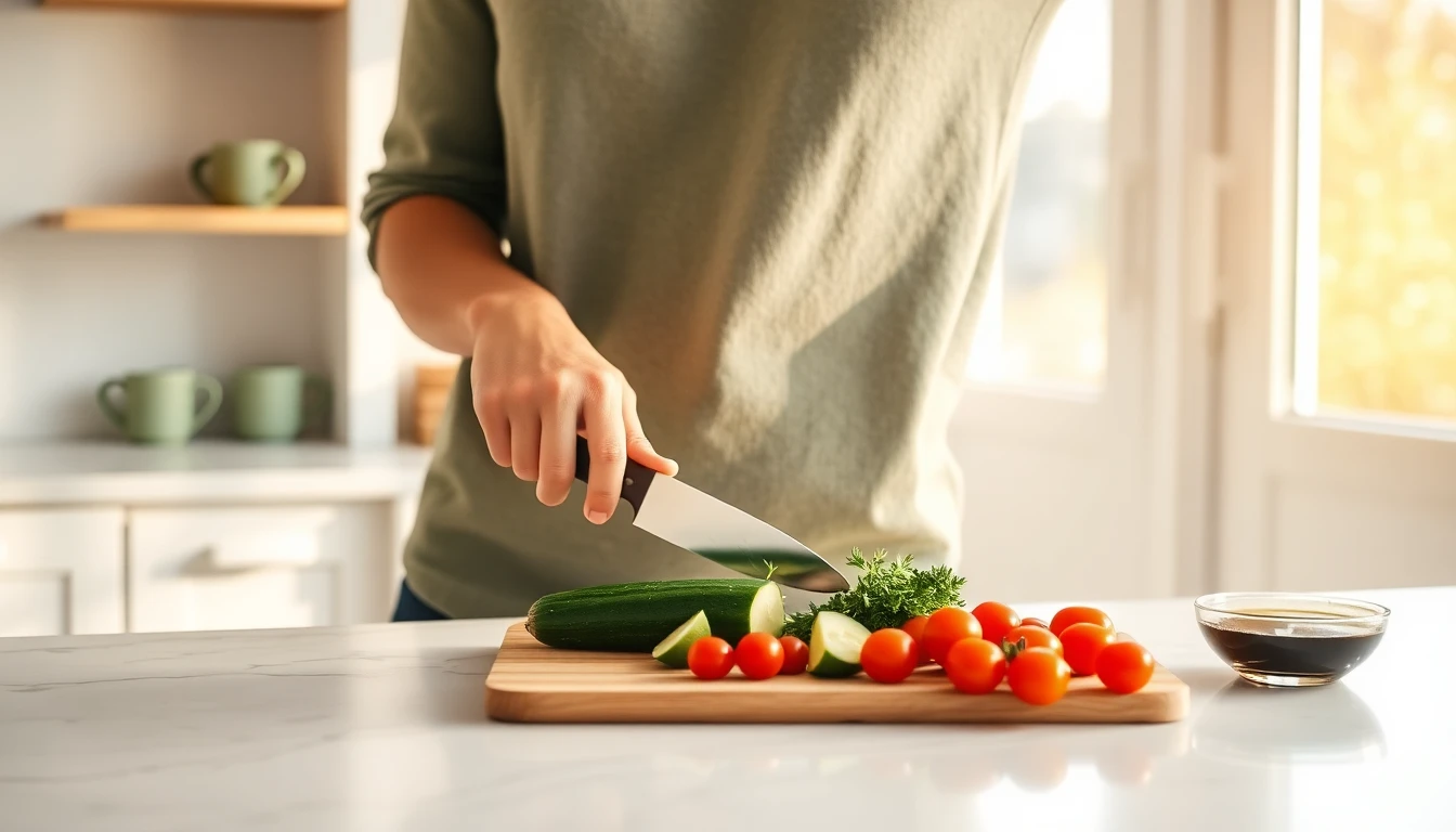 Candid lifestyle shot of a person looking confident, happy and relaxed at a bright Scandinavian kitchen counter, relaxed posture, casually chopping fresh vegetables — cucumber slices, cherry tomatoes, and herbs — in natural afternoon light streaming through a large window, a small bowl of olive oil and a wooden cutting board on the warm cream marble surface, sage green ceramic mugs visible on open shelving in the background, soft shallow depth of field, warm cream and sage green color palette, editorial lifestyle photography, magazine quality, no text overlay, no watermarks