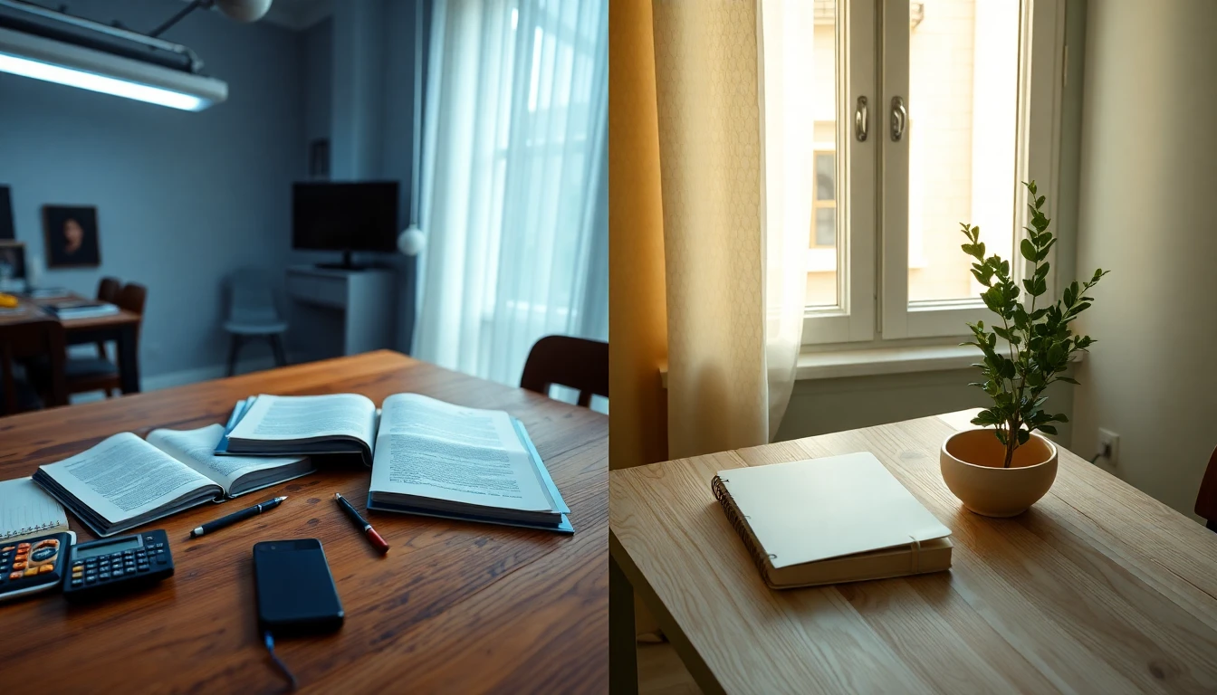Diptych editorial composition split cleanly down the center — left half: a cluttered kitchen table with multiple open food tracking notebooks, a calculator, scattered papers and an untouched meal going cold, harsh cool overhead lighting creating a tense and overwhelming mood, desaturated tones — right half: the same table simplified and calm, one open notebook with a single handwritten note, a warm ceramic bowl of food, a small sage green plant, soft warm natural window light creating a peaceful and grounded atmosphere, warm cream tones, editorial magazine photography, no text overlay, no watermarks, no faces