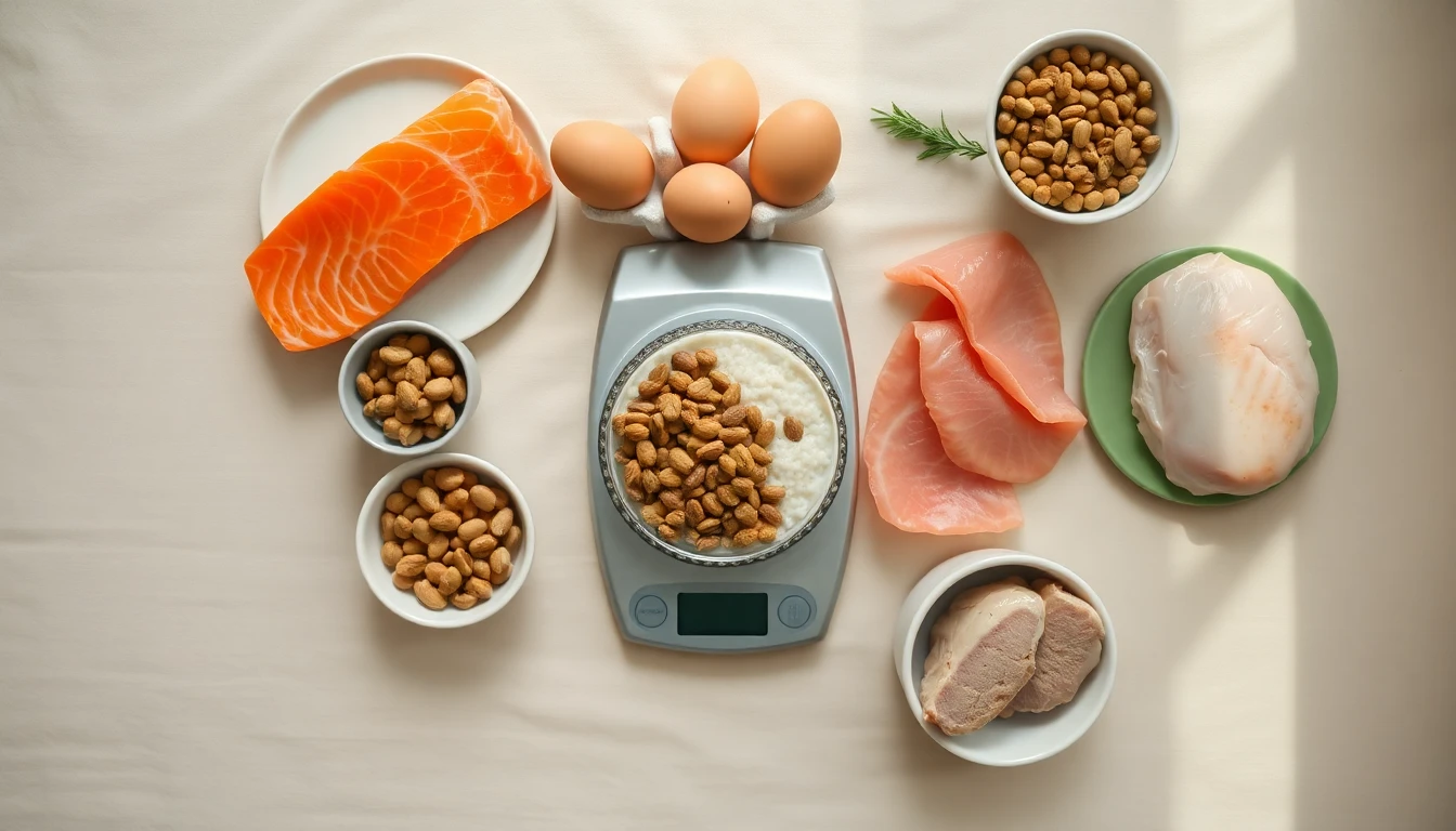 Flat-lay overhead shot on a warm cream linen surface, various protein sources arranged in a balanced circular composition around a small kitchen scale at center — raw salmon fillet, two eggs, a small bowl of white skyr, a handful of mixed nuts, dried lentils in a ceramic bowl, and sliced chicken breast, all in natural food styling with no garnish, soft diffused natural window light from above, sage green and warm cream color palette, clean Scandinavian food photography, magazine quality, no text overlay, no watermarks, no faces