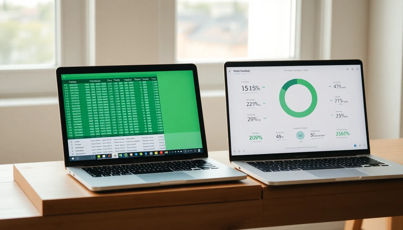 A wooden desk with two open laptops side by side, left laptop showing a cluttered green spreadsheet with dense numbers, right laptop glowing with a clean minimal dashboard interface with circular progress rings and sage green accents, soft natural window lighting, shallow depth of field, sage green and warm cream color palette, clean Scandinavian composition, magazine quality, no text overlay, no watermarks, no faces