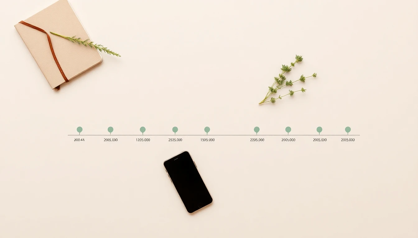 Flat-lay overhead shot of a minimalist timeline on warm cream paper, featuring small milestone markers in sage green, a smooth curved path from left to right suggesting growth and evolution, accompanied by subtle props like a small notebook, a phone, and fresh herbs, soft diffused natural light, sage green and warm cream color palette, clean Scandinavian composition, magazine quality, no text overlay, no watermarks