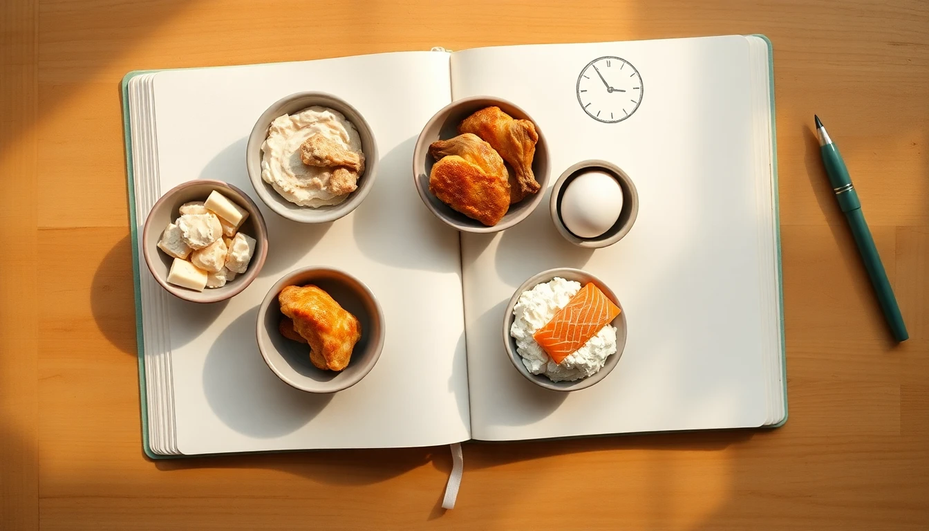 Overhead flat-lay of a minimal daily planner notebook open on a warm cream desk, five small ceramic dishes arranged in an arc across the page representing meals throughout the day — each containing a different protein-rich food: skyr with oats, grilled chicken, a boiled egg, salmon, and cottage cheese, a subtle clock face drawn in pencil in the background, soft warm natural light, sage green accent details, clean Scandinavian composition, magazine quality, no text overlay, no watermarks, no faces
