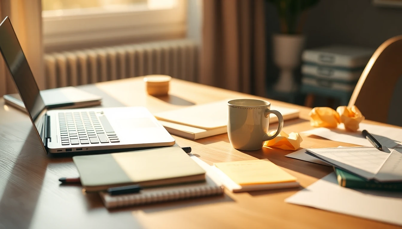 A tidy Scandinavian home office desk with a single open laptop surrounded by a few scattered notebooks and sticky notes in sage green and warm yellow, a coffee cup slightly tilted, golden hour window light, shallow depth of field, no person, implied busyness through organized chaos, sage green and cream color palette, magazine quality, no text overlay, no watermarks
