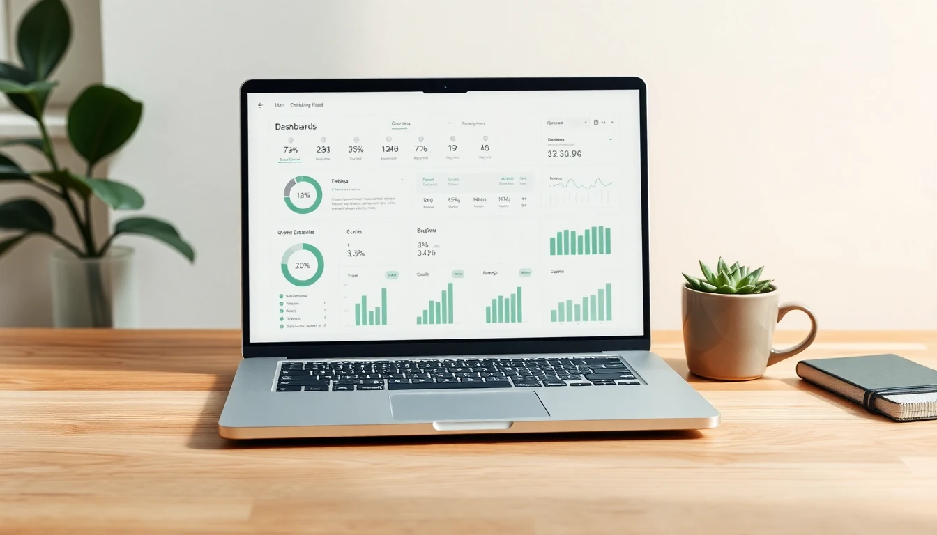 Close-up of an open laptop on a light oak desk displaying a clean coaching dashboard with circular macro rings and small sparkline graphs in sage green tones, a ceramic coffee cup and a small succulent plant in the background, soft natural window light from the left, shallow depth of field, sage green and warm cream color palette, clean Scandinavian composition, magazine quality, no text overlay, no watermarks, no faces