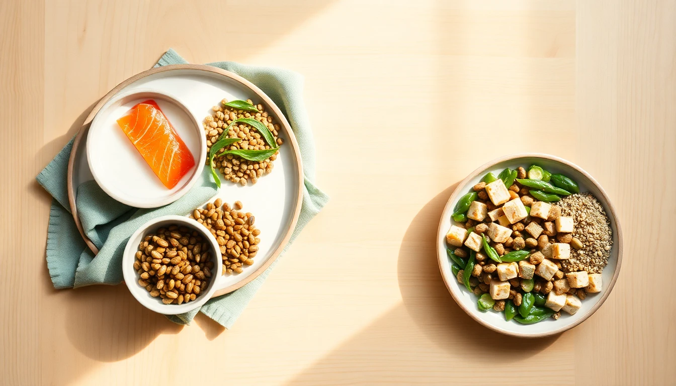 Split flat-lay on a light oak surface divided by a thin sage green linen napkin — left side shows animal proteins: salmon fillet, egg, and a small glass of milk; right side shows plant proteins: lentils, edamame beans, tofu, and hemp seeds, each group styled in matching small neutral ceramic bowls, soft warm side lighting casting gentle shadows, minimal and clean Scandinavian food photography, sage green and cream palette, magazine quality, no text overlay, no watermarks, no faces