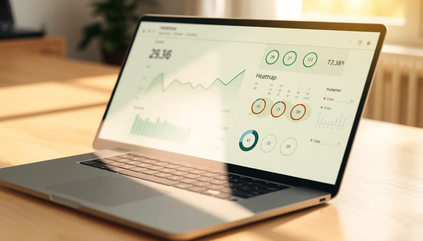 Angled close-up shot of a laptop screen on a light wooden desk showing a clean analytics dashboard with small upward-trending line graphs, a 28-day calendar heatmap in sage green tones, and soft circular progress indicators, warm natural side lighting creating gentle shadows, shallow depth of field with blurred background, sage green and warm cream color palette, clean Scandinavian composition, magazine quality, no text overlay, no watermarks, no faces