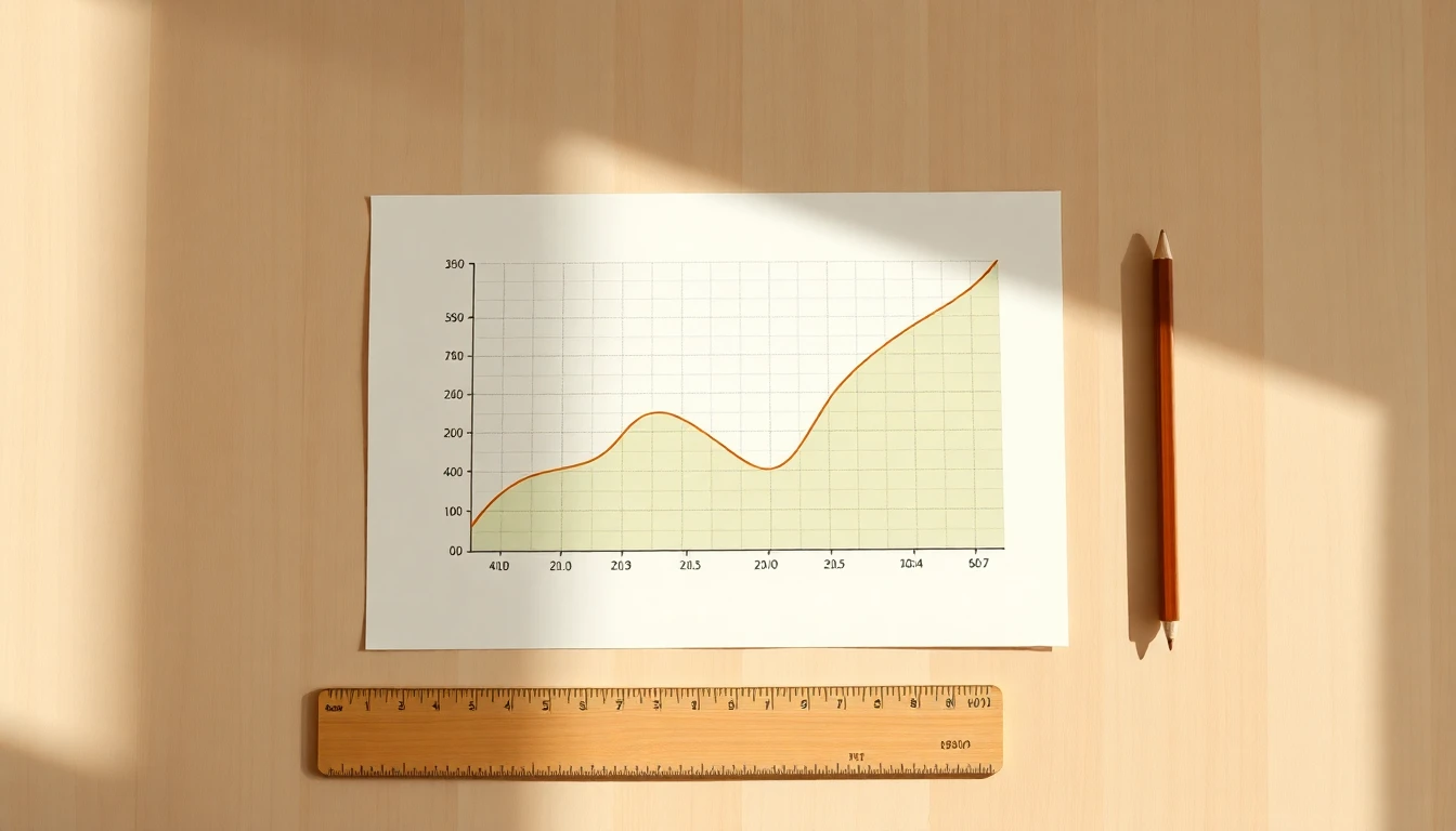 Elegant minimal data visualization printed on warm cream paper, showing two smooth curves — one rising steeply in sage green, one rising gently in warm terracotta — plotted on a clean grid with no numbers visible, surrounded by a small wooden ruler and a pencil on a light oak surface, natural top-down lighting, magazine quality, no text overlay, no watermarks