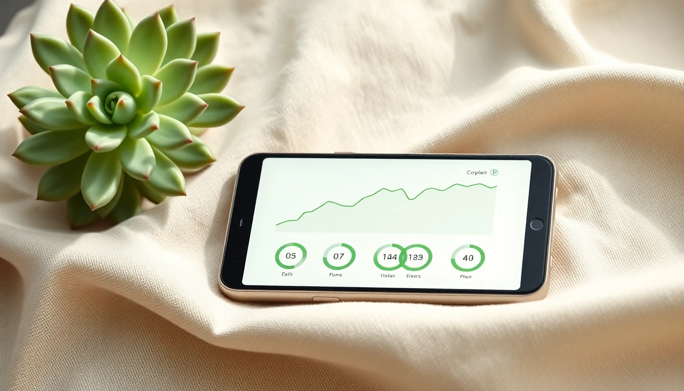 Close-up angled shot of a smartphone lying flat on a warm cream linen surface displaying a clean minimal nutrition coaching dashboard, prominent upward-trending sparkline graphs in sage green, circular progress rings showing positive completion, soft readable numbers with no red elements visible anywhere, a small succulent plant slightly out of focus in the background corner, warm natural side lighting, shallow depth of field, sage green and warm cream color palette, clean Scandinavian flat-lay composition, magazine quality, no text overlay, no watermarks, no faces
