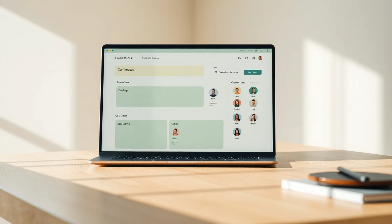 Close-up of a laptop screen on a light oak desk showing a clean coaching dashboard with two distinct zones in calm sage green and soft amber, circular client avatars arranged in neat rows, soft natural side lighting, shallow depth of field with blurred desk background, warm cream and sage green color accents, clean Scandinavian composition, magazine quality, no text overlay, no faces, no watermarks