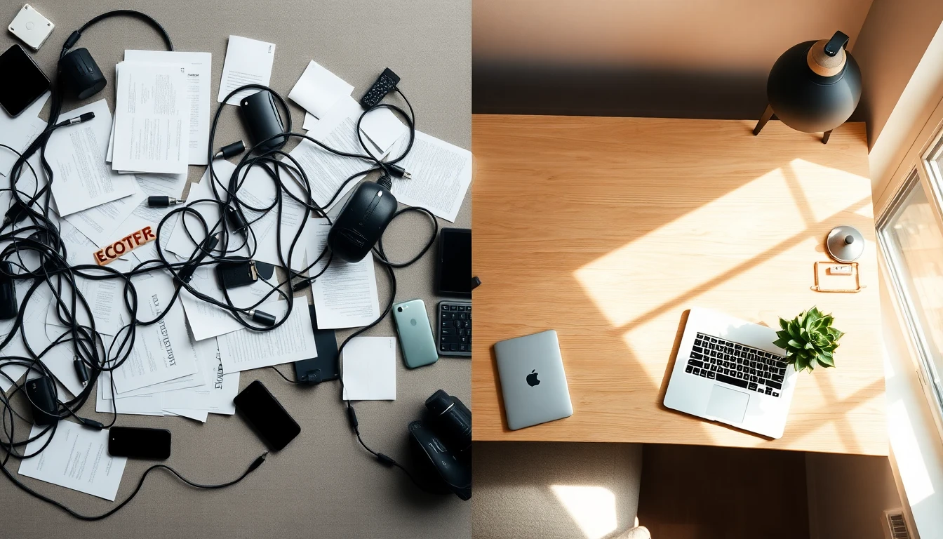 Two contrasting desk setups photographed from slightly above: left side shows scattered papers, multiple devices, tangled cables in cool grey tones; right side shows a single clean laptop on a minimal wooden desk with a small succulent plant in sage green tones, soft window light illuminating the right side more warmly, magazine quality, no text overlay, no watermarks, no faces