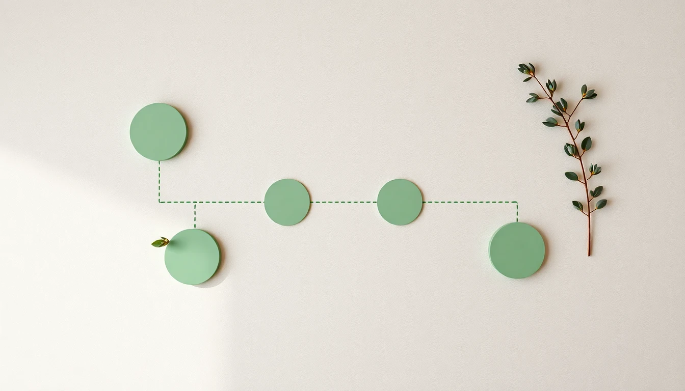 Overhead flat-lay of a minimalist roadmap layout on warm cream linen texture, four evenly spaced sage green circular markers connected by a clean line, small botanical elements like a sprig of eucalyptus beside each marker, natural diffused daylight, clean Scandinavian composition, magazine quality, no text overlay, no watermarks